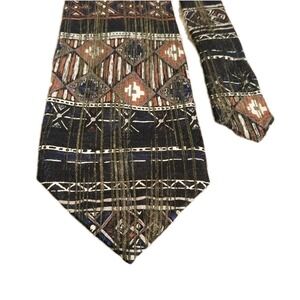 Bachrach Silk Necktie Art Deco Abstract Black/Silver/Rust Metallic Italy 59x3.75